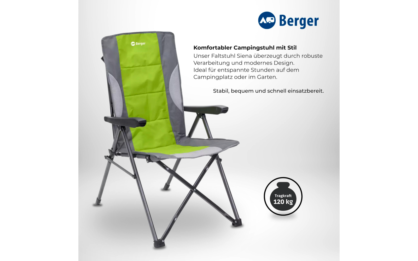 Folding chair with green and gray fabric and black metal frame, armrest with cup holder, 'Berger' logo top right, round badge bottom right reading 'Tragkraft 120 kg'