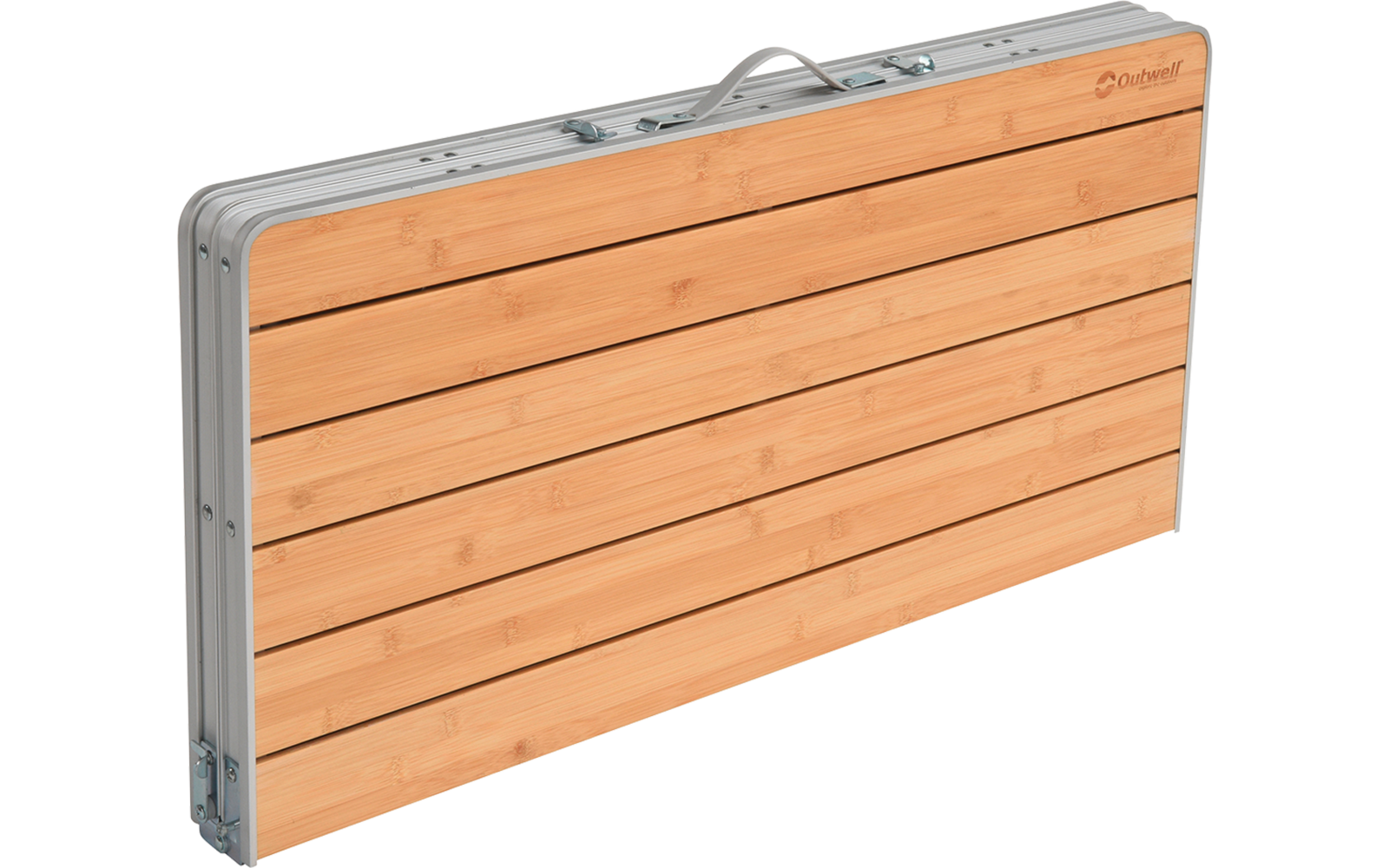 Tavolo pieghevole rettangolare chiuso con doghe di legno chiaro, telaio metallico argentato e maniglia per il trasporto