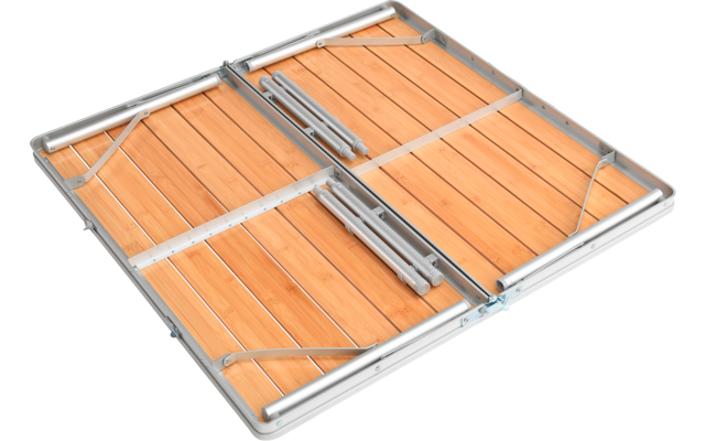 Pannello quadrato in legno piegato con quattro assi chiare, telaio metallico argentato, cerniere visibili e accessori metallici