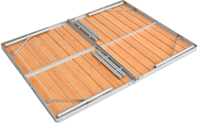 Pannello rettangolare diviso in due parti con doghe di legno chiare in una cornice metallica argentata e cerniere e staffe di fissaggio visibili