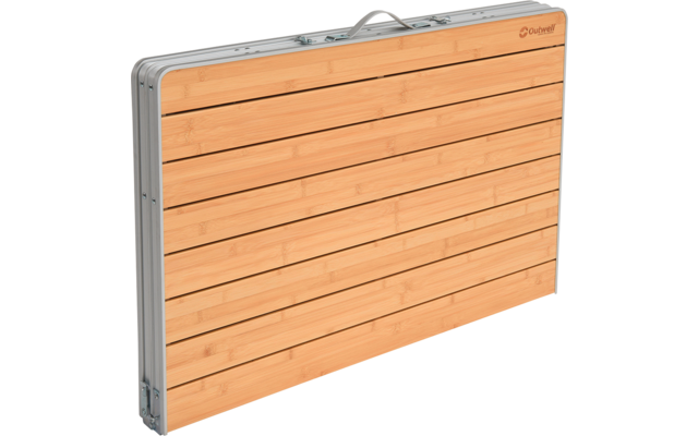 Pannello rettangolare di listelli di bambù chiaro in cornice di alluminio argento con maniglia per il trasporto; logo 'Outwell' in alto a destra