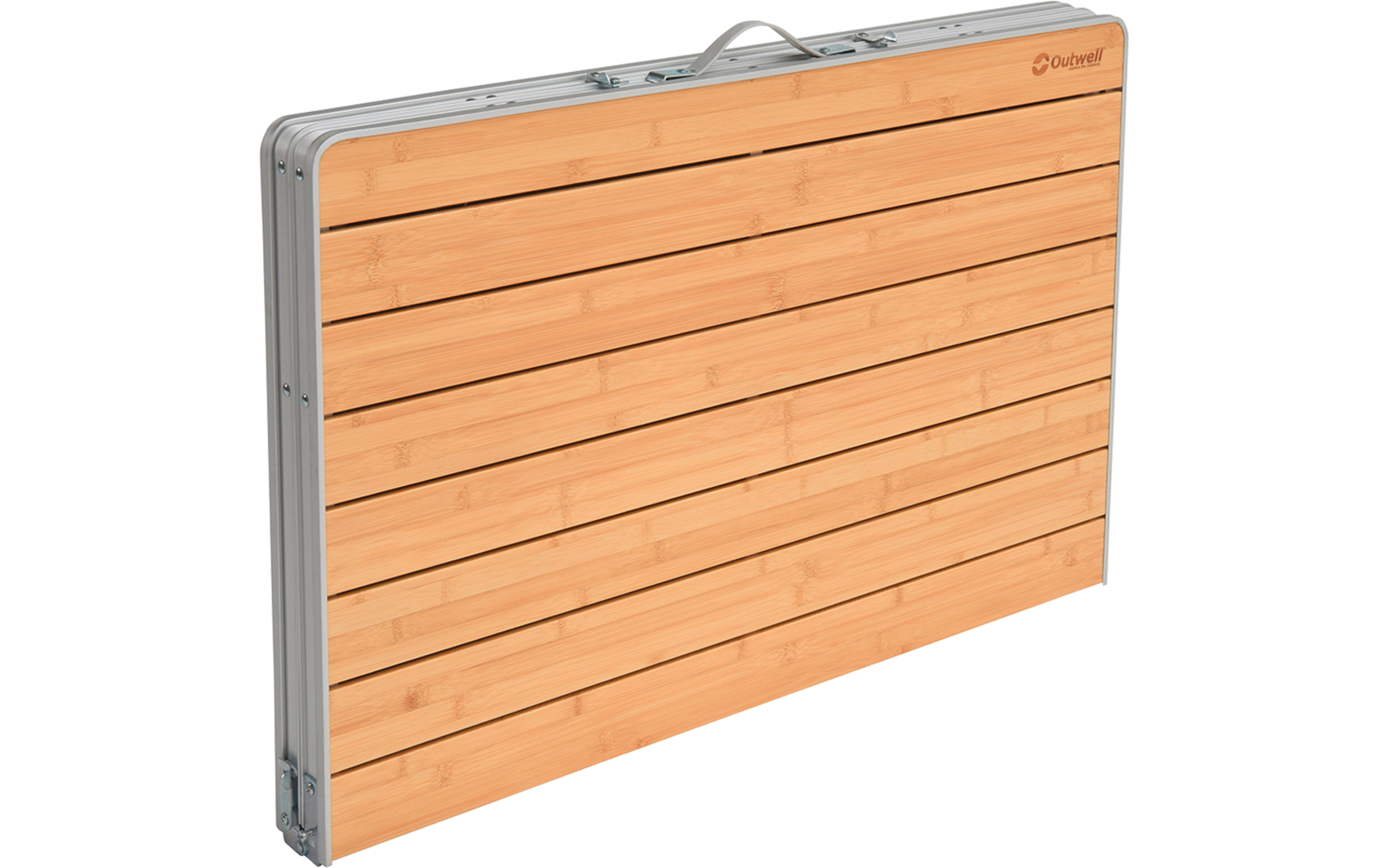 Pannello rettangolare di listelli di bambù chiaro in cornice di alluminio argento con maniglia per il trasporto; logo 'Outwell' in alto a destra