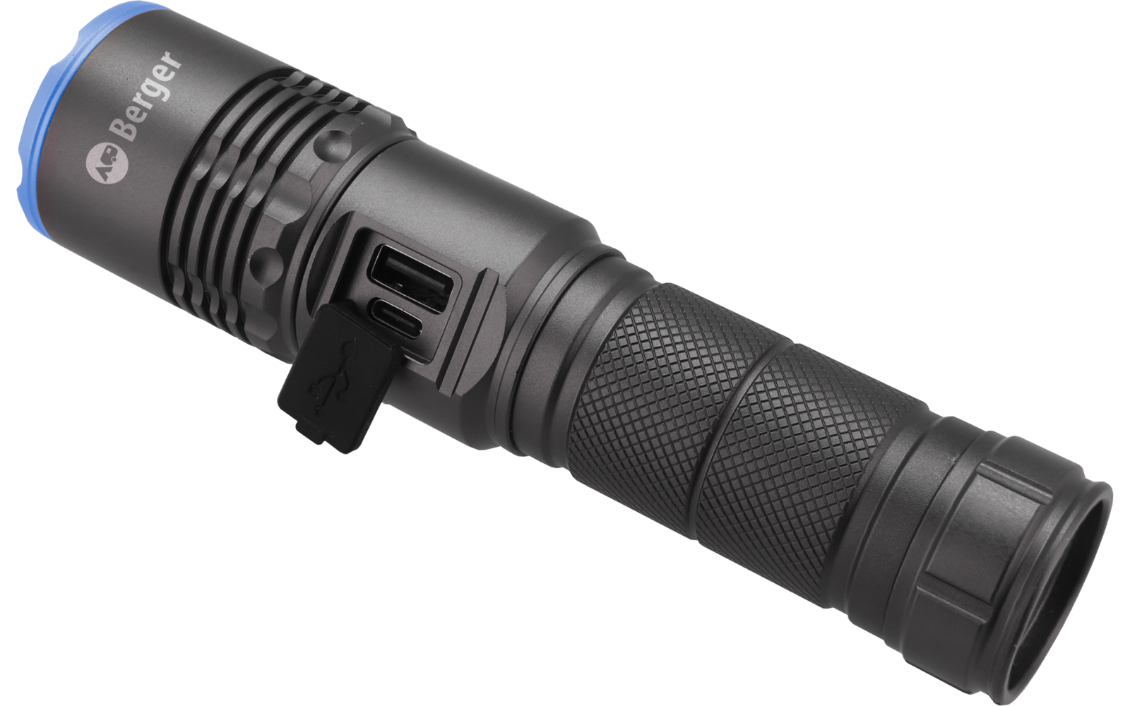 Graue Metalltaschenlampe mit geriffeltem Griff, sichtbarem USB-Anschluss mit Gummiklappe, blauem Ring am Lampenkopf und Berger-Logo