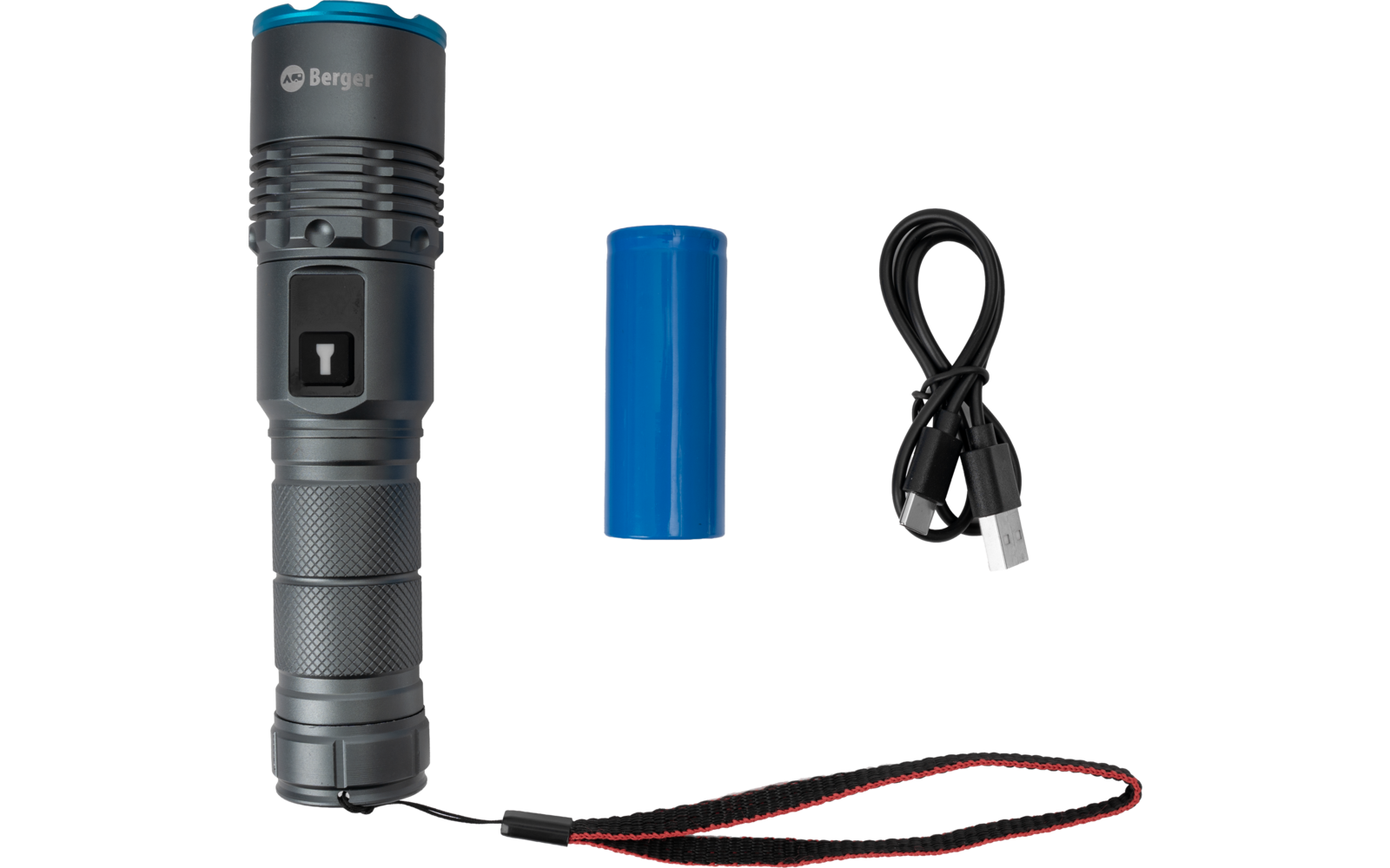 Linterna gris con parte superior azul, batería cilíndrica azul, cable de carga USB negro, correa de muñeca negra y roja