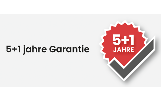 Graphic with the text '5+1 years warranty' and a red and white badge with a checkmark