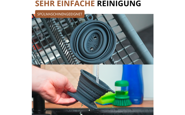 Image en deux parties : en haut un objet rond, gris et pliable en silicone sur une grille métallique ; en bas une main tient le même objet sous un jet d'eau du robinet, brosse verte et bouteille bleue en arrière-plan ; en haut le texte « SEHR EINFACHE REINIGUNG » et « SPÜLMASCHINENGEEIGNET »