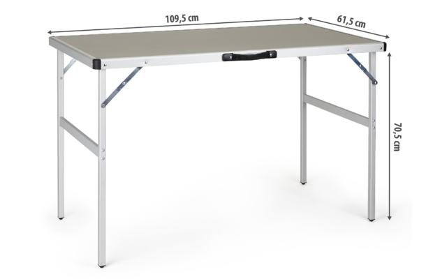 Ein zusammenklappbarer Tisch mit grauer Platte und silberfarbenem Gestell, Maße 109,5 x 65 x 73 cm