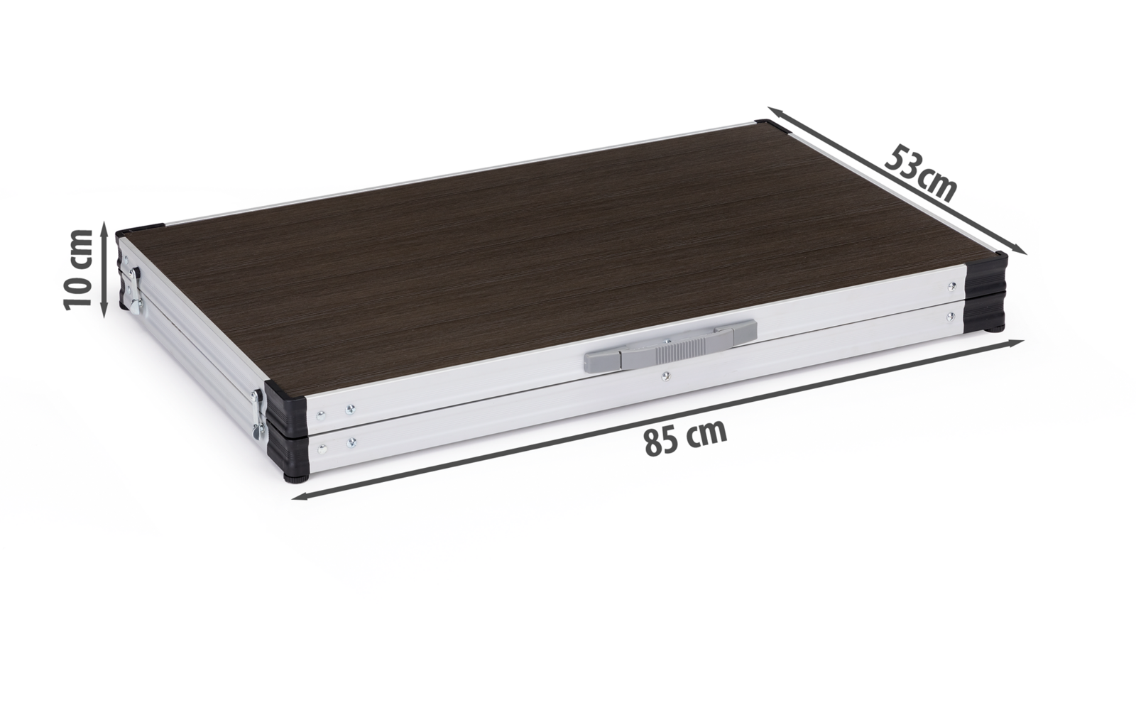 Rechteckige flache Plattform, oben dunkelbraune Holzoptik, silberne Aluminiumkanten, schwarze Eckschützer, sichtbare Maße '10 cm', '85 cm', '53 cm'
