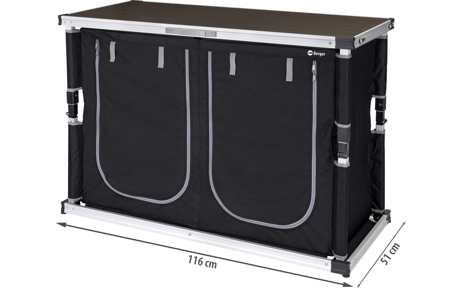 Mallette de transport noire avec ferrures argentées et deux compartiments, plateau marron clair dessus