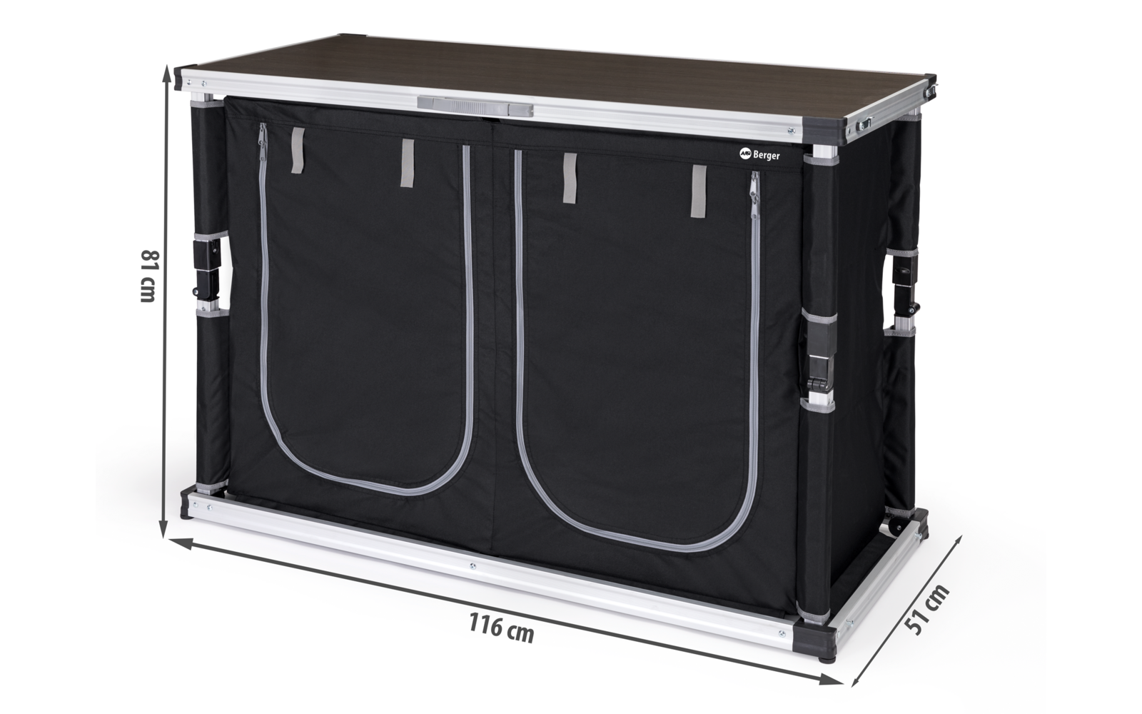 Zwarte transportkoffer met zilveren beslag en twee vakken, lichtbruin dienblad erop