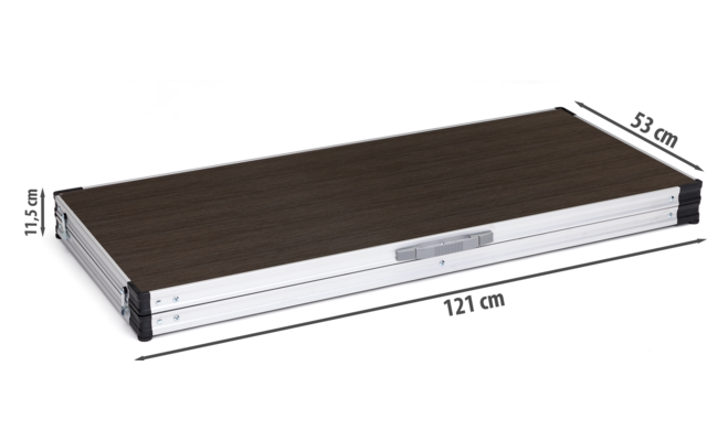 Dunkelbraune rechteckige Platte mit silbernem Metallrahmen, schwarzen Eckkappen und mittigem grauem Griff; Maße eingezeichnet: 121 cm, 53 cm, 11.5 cm