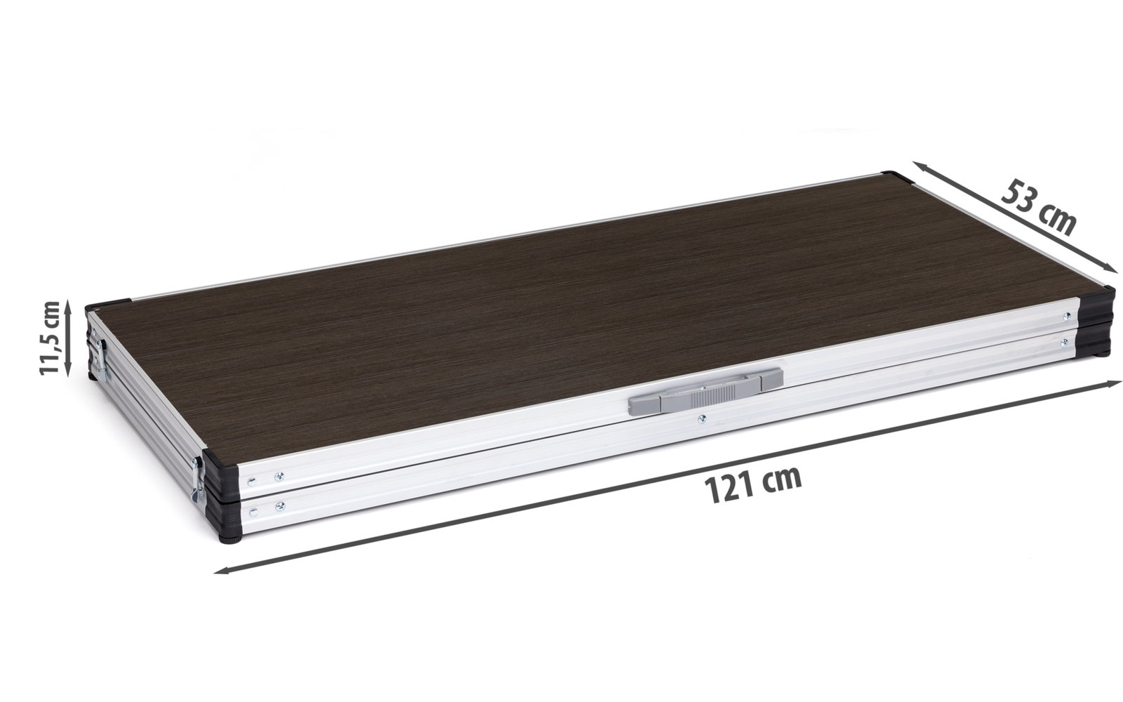 Dunkelbraune rechteckige Platte mit silbernem Metallrahmen, schwarzen Eckkappen und mittigem grauem Griff; Maße eingezeichnet: 121 cm, 53 cm, 11.5 cm