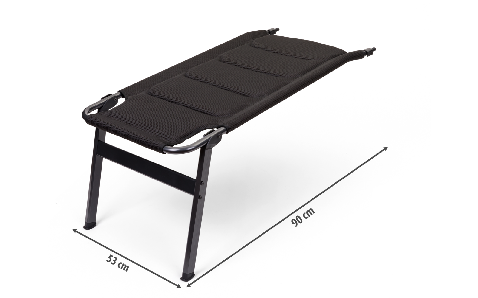 Schwarze Liege mit Metallgestell und gepolsterter Oberfläche, mit Maßen 98 cm Länge und 39 cm Breite