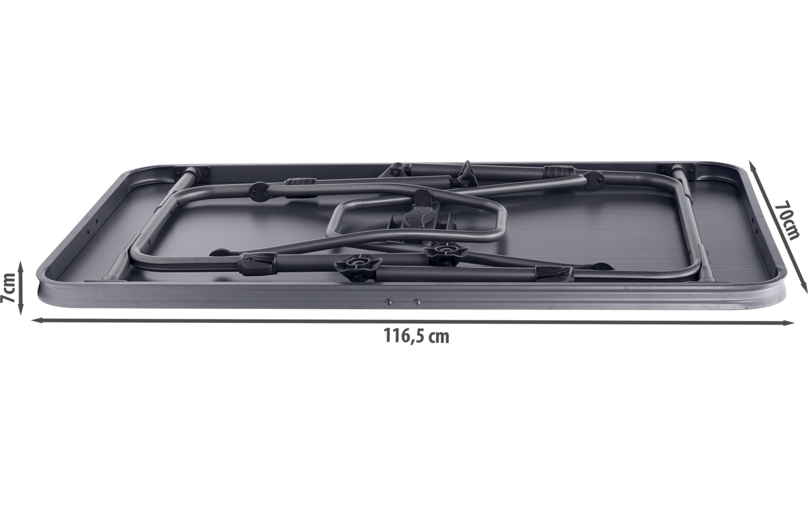 Flaches, rechteckiges graues Gestell mit zwei runden Öffnungen, diagonalen Stützstreben und der Maßangabe '46 cm' darunter