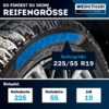Nahaufnahme eines Autoreifens mit blauer Markierung '225/55 R19'. Oben Schriftzug 'SO FINDEST DU DEINE REIFENGRÖSSE', rechts Logo 'WERKTHOR IHR WERKZEUGHÄNDLER'. Unten drei Kästchen: 'Reifenbreite 225', 'Reifenhöhe 55', 'Zoll 19'
