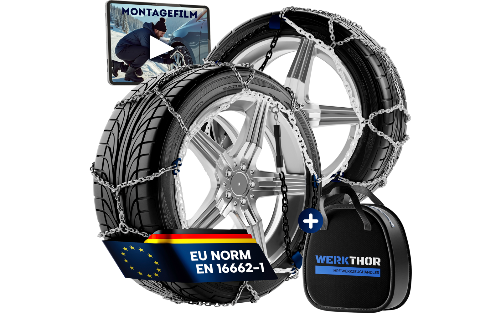 Zwei Autoreifen mit Metallketten, silberne Felgen, blaues EU‑Norm‑Schild 'EU NORM EN 16662-1', schwarze Tragetasche 'WERKTHOR' und Video‑Thumbnail 'MONTAGEFILM'