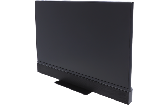 Schwarzer rechteckiger Bildschirm auf einem flachen Standfuß, untere Kante mit breiter, geriffelter Leiste