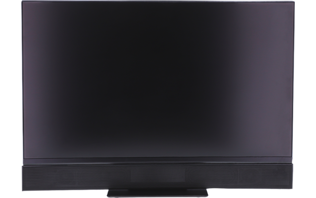 Schwarzer rechteckiger Flachbildschirm auf einem Standfuß, mit sichtbarer unterer Leiste