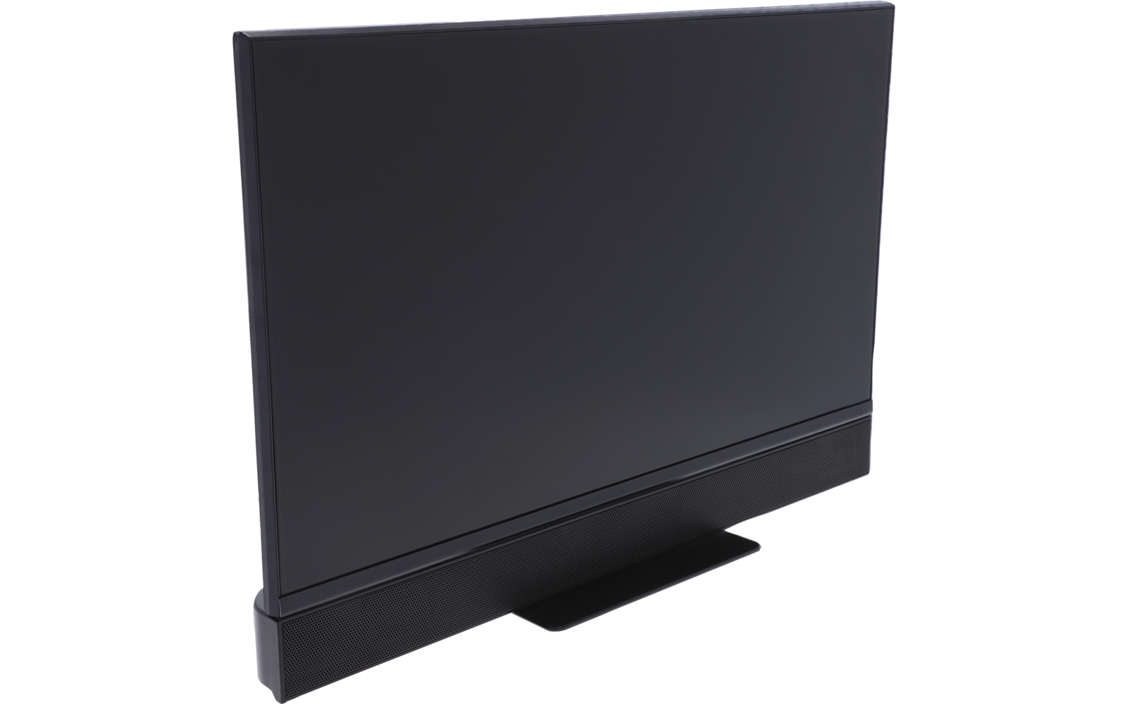 Schwarzer Flachbildschirm mit breitem unteren Balken auf rechteckigem Standfuß, leicht seitlich gesehen, weißer Hintergrund