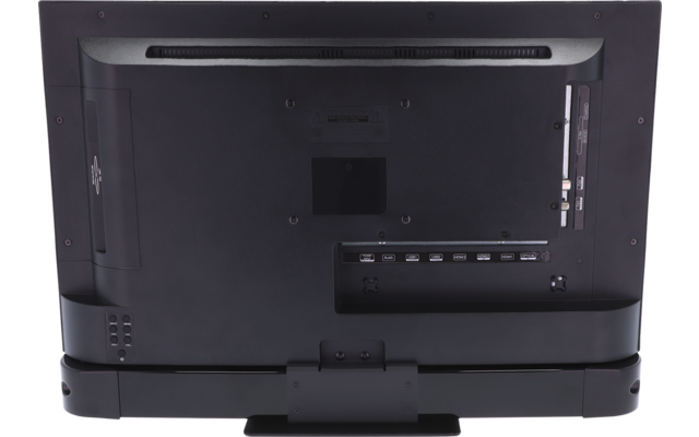 Rückseite eines schwarzen Monitors mit Standfuß, sichtbaren Anschlüssen, Lüftungsöffnungen und Befestigungspunkten