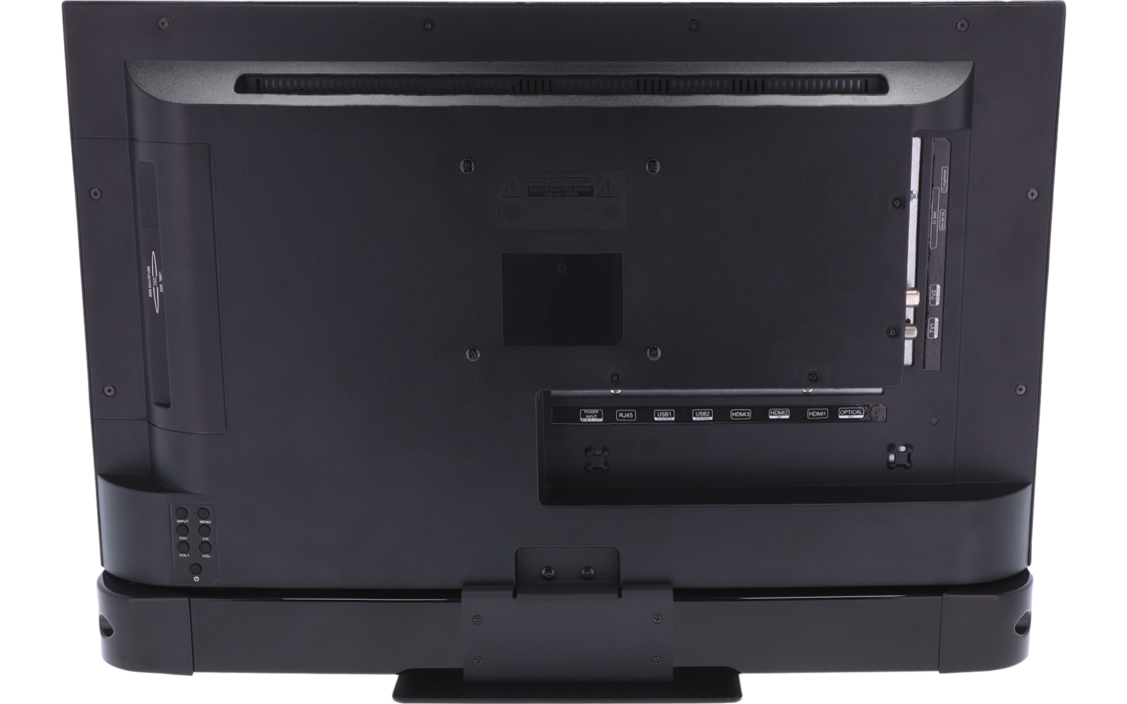 Rückseite eines schwarzen Monitors mit Standfuß, sichtbaren Anschlüssen, Lüftungsöffnungen und Befestigungspunkten