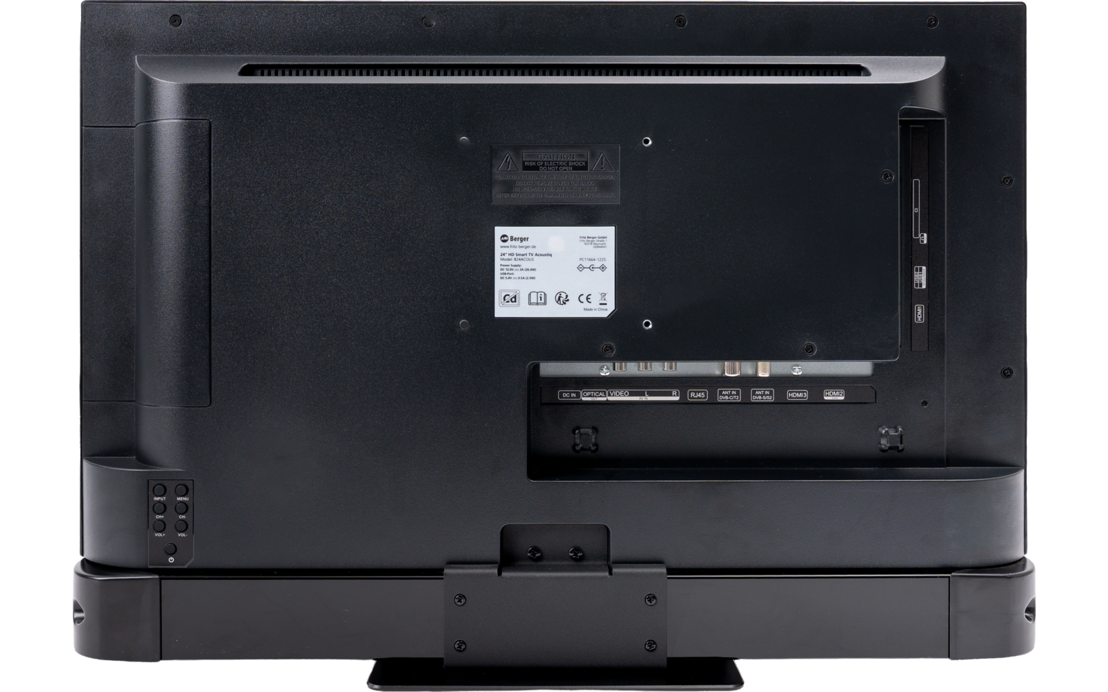 Rückseite eines schwarzen Desktop-Monitors auf Stand mit sichtbaren Anschlüssen und einem Etikett