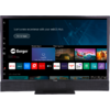 Écran plat de télévision affichant l'écran d'accueil webOS Hub ; à gauche le logo 'Berger', en haut le texte 'Start a new experience with your webOS Hub.' et le bouton 'Go to Apps' ; rangée d'icônes d'apps (Netflix, Disney+, Prime Video, YouTube, Apple TV) et vignettes de prévisualisation ; socle haut-parleur noir en bas