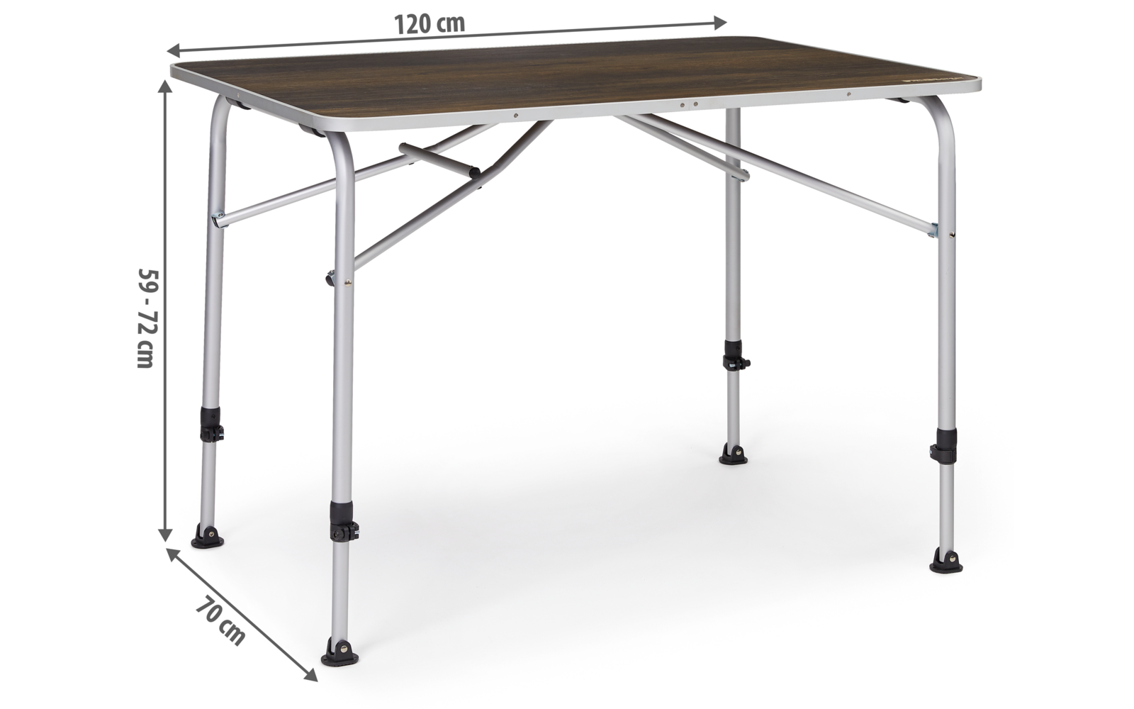 Klappbarer Campingtisch mit brauner Tischplatte und verstellbaren Beinen