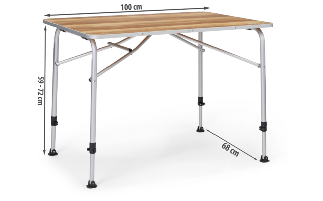 Faltbarer Campingtisch mit Holzplatte und verstellbaren Metallbeinen, Maße 100x70 cm