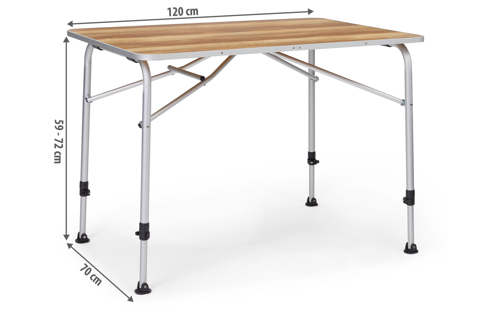 Rechteckiger Tisch mit hellbraunem Holzplatte, abgerundeten Ecken, silbernen Rohrbeinen mit schwarzen Standfüßen und diagonalen Stabilitätsstreben; Messpfeile und Maße 120 cm (Breite), 70 cm (Tiefe), 59–72 cm (Höhe) sichtbar