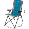 Blue and gray folding chair with armrests and measurements