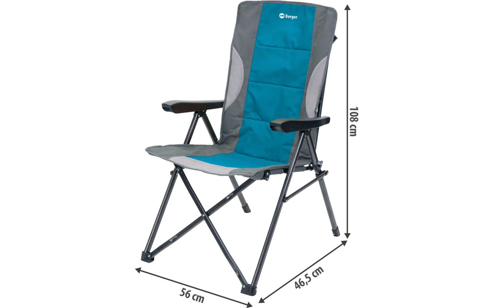 Blauer und grauer Klappstuhl mit Armlehnen und Maßen