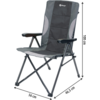 Folding metal chair with gray fabric cover and armrests, dimensions visible