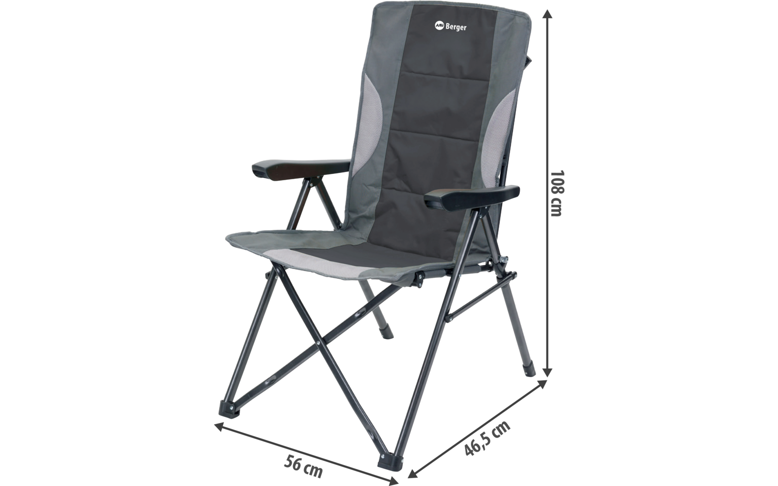 Folding metal chair with gray fabric cover and armrests, dimensions visible
