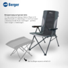 Gray folding chair with armrests, a faded separate footrest beside it, Berger logo at top left
