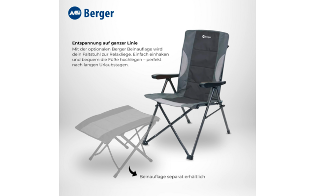 Gray folding chair with armrests, a faded separate footrest beside it, Berger logo at top left