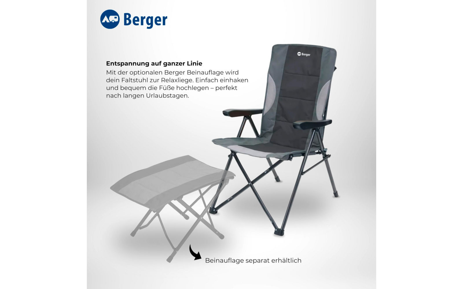 Gray folding chair with armrests, a faded separate footrest beside it, Berger logo at top left