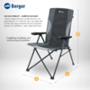 Padded folding camping chair in gray-black with armrests and metal frame, Berger logo top left, measurements shown: height 108 cm, seat width 56 cm, depth 46.5 cm