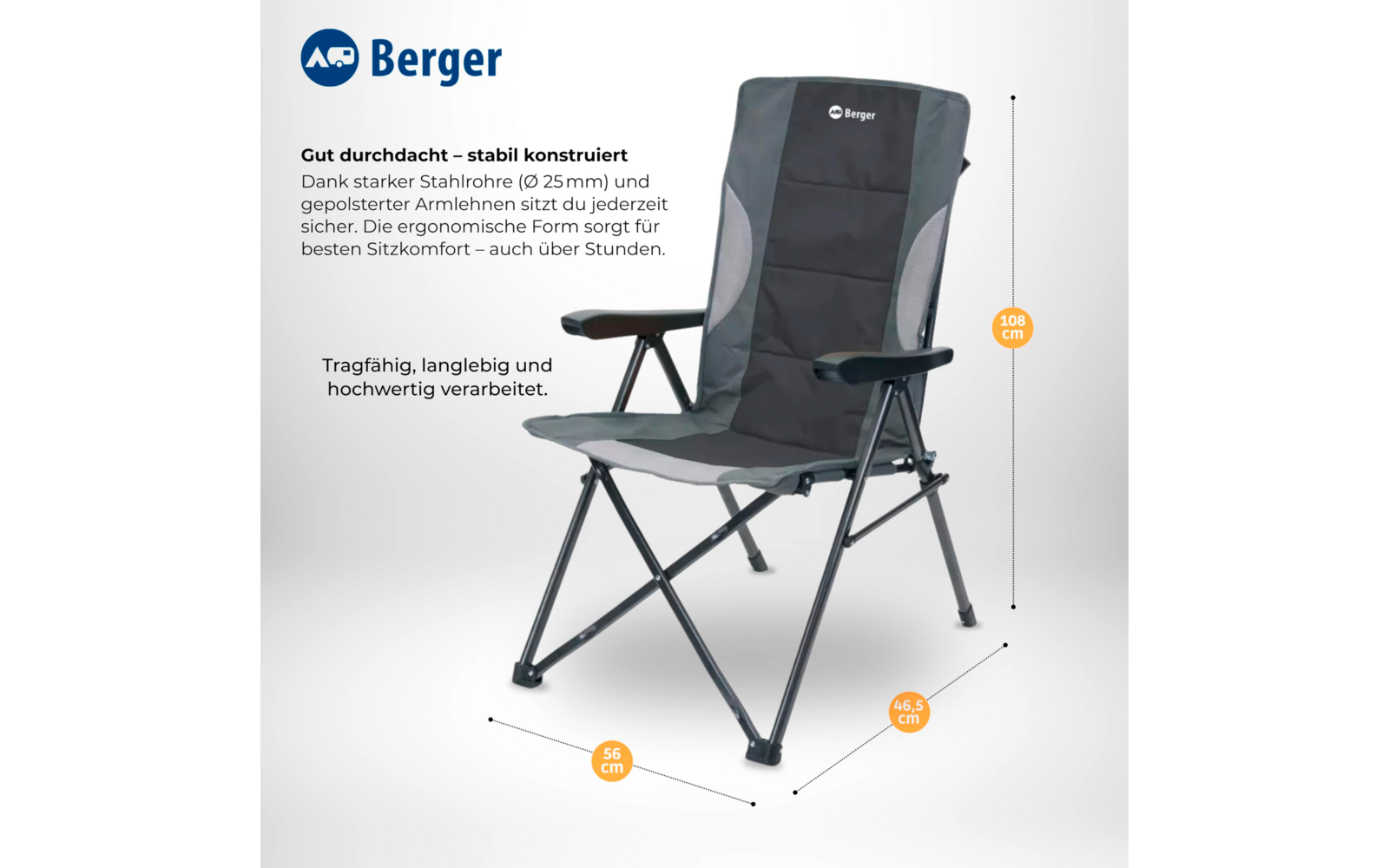 Padded folding camping chair in gray-black with armrests and metal frame, Berger logo top left, measurements shown: height 108 cm, seat width 56 cm, depth 46.5 cm