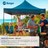 Blue pop-up canopy with Berger logo at the shoreline; beneath it four people, one person at a grill, two people holding drinks, one seated person next to a table with plates and bottles; trees and water in the background