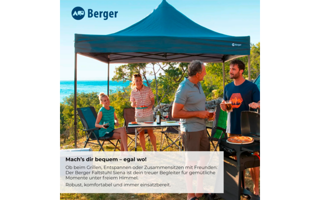 Blue pop-up canopy with Berger logo at the shoreline; beneath it four people, one person at a grill, two people holding drinks, one seated person next to a table with plates and bottles; trees and water in the background