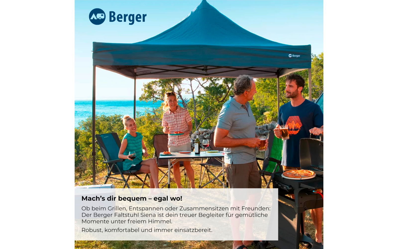 Blue pop-up canopy with Berger logo at the shoreline; beneath it four people, one person at a grill, two people holding drinks, one seated person next to a table with plates and bottles; trees and water in the background