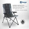 Gray and black folding chair on white background, 'Berger' logo at top right, round badge reading 'Tragkraft 120 KG'