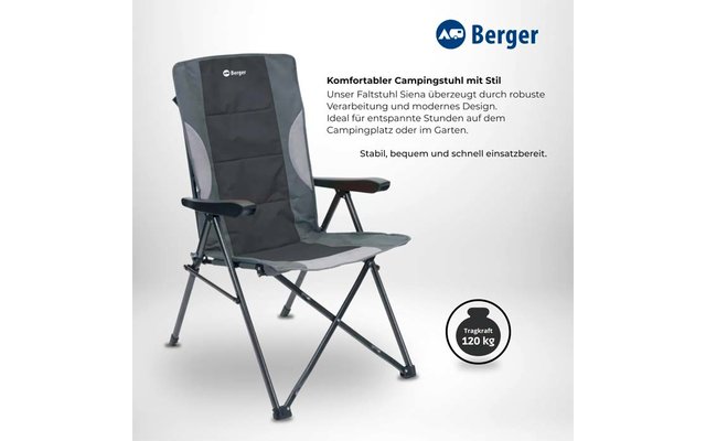 Gray and black folding chair on white background, 'Berger' logo at top right, round badge reading 'Tragkraft 120 KG'