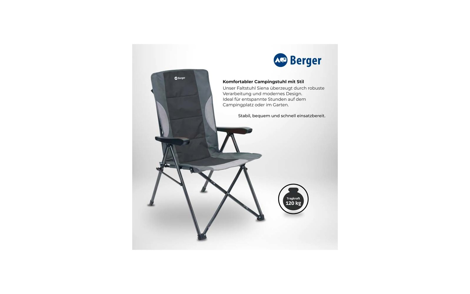 Gray and black folding chair on white background, 'Berger' logo at top right, round badge reading 'Tragkraft 120 KG'