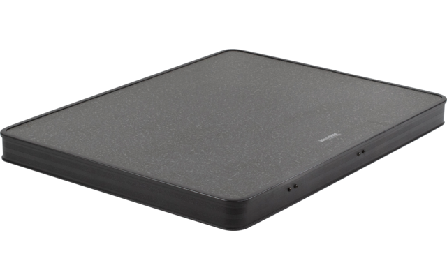 Flaches rechteckiges anthrazitfarbenes Objekt mit glatter Oberfläche, abgerundeten Ecken und zwei kleinen Öffnungen an einer Seitenkante