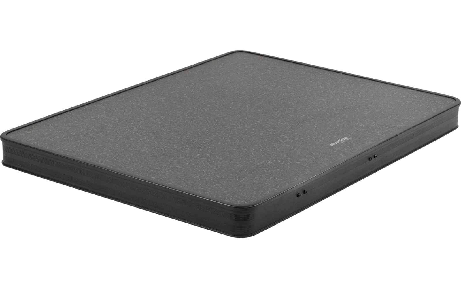 Flaches rechteckiges anthrazitfarbenes Objekt mit glatter Oberfläche, abgerundeten Ecken und zwei kleinen Öffnungen an einer Seitenkante