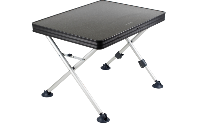 Rechteckige schwarze Tischplatte mit abgerundeten Ecken auf silbernen gekreuzten Metallbeinen und dunklen Gummifüßen