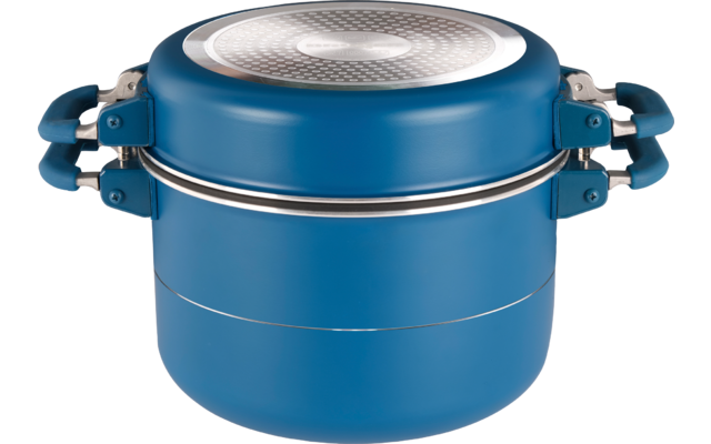 Zwei übereinander gestapelte runde blaue Behälter mit silbernem Mittelband, seitlichen Klappgriffen und silbernem Deckel mit Muster