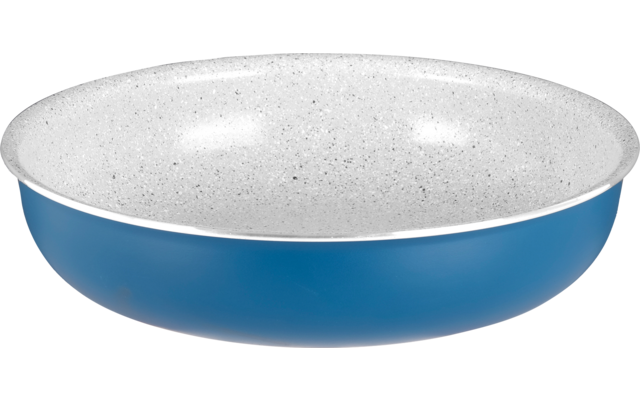 Flache runde Schale mit blauer Außenseite, weißer gesprenkelter Innenseite und dünnem silbernem Rand